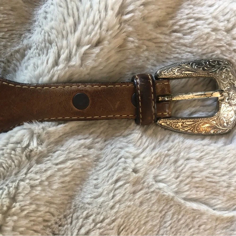 Decorative Black and Brown Leather Women’s Belt with Silver Conchos